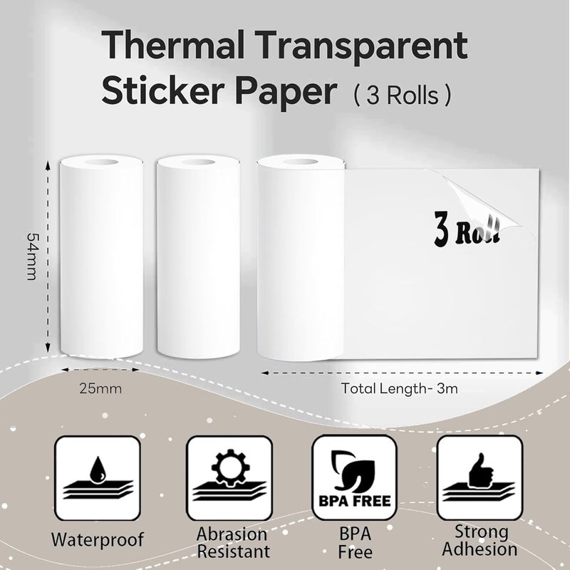 ECIFFO Mini Thermal Printer Paper, 57 X 25mm Sticker Paper for Most Kids Instant Thermal Camera Paper Roll Refill, 3 Rolls Transparent Self-Adhesive Thermal Paper for Most Pocket Printer - Image 3